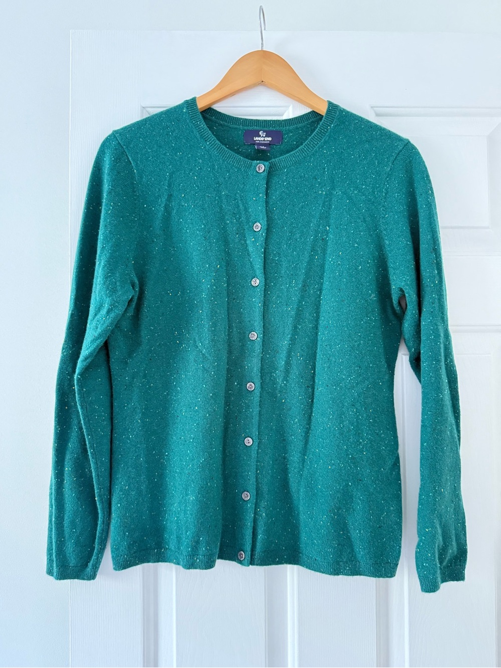 Lands end 100% cashmere green confetti cardigan size medium 10-12